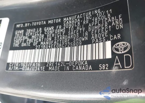 2011 Toyota Corolla from USA, damaged, VIN 2T1BU4EE0BC725809